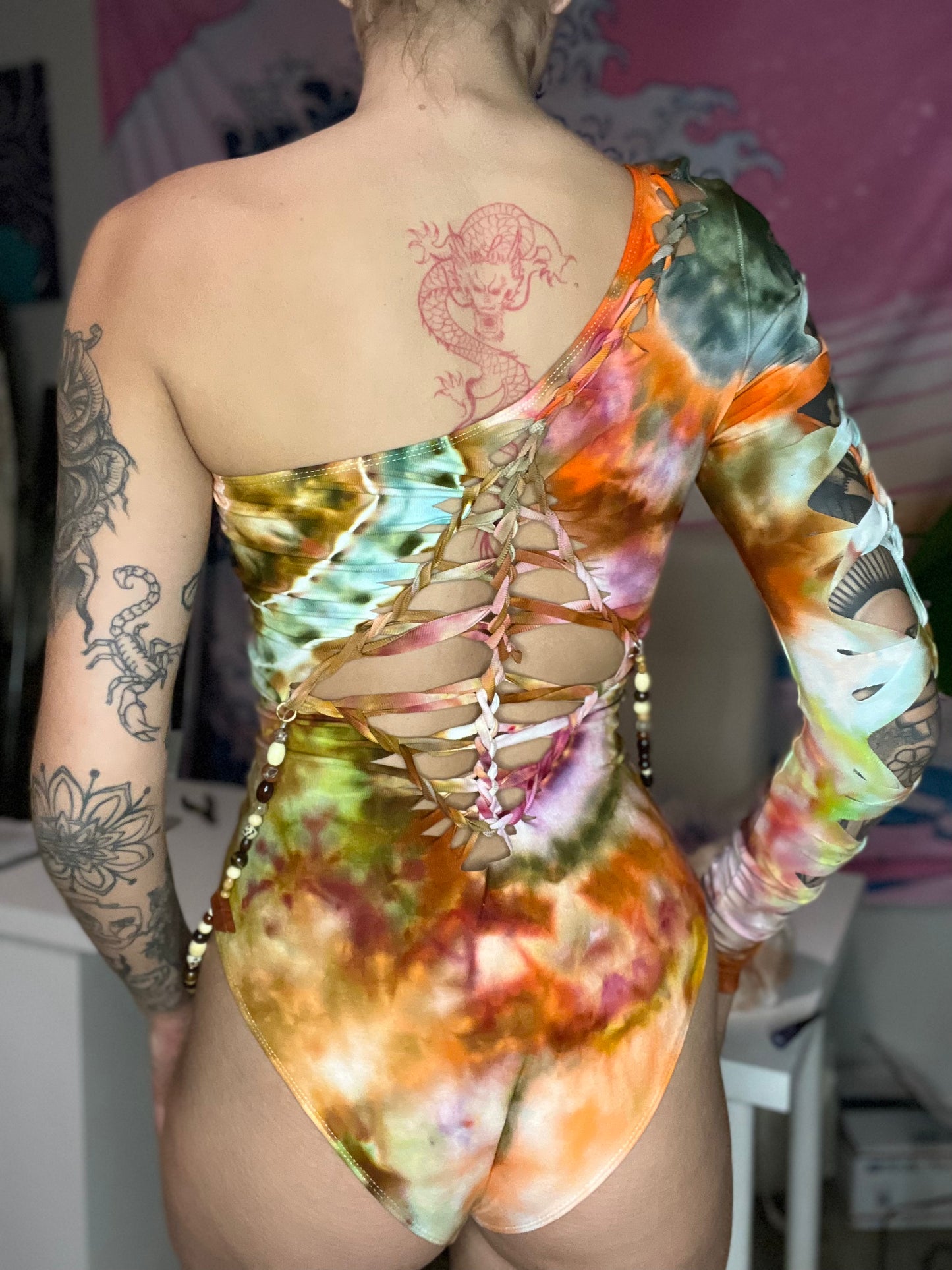 one sleeve tie dyed braided bodysuit
