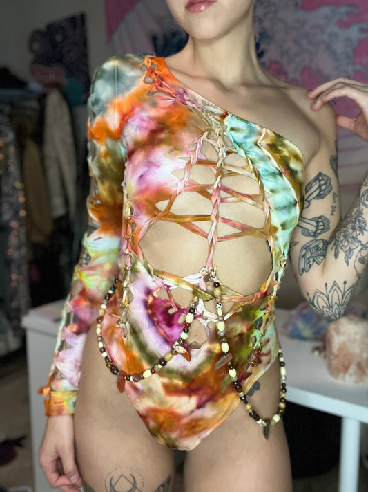 one sleeve tie dyed braided bodysuit